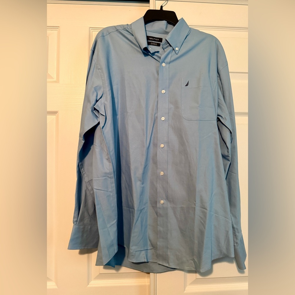 Nautica 100% Cotton Sz 16 34/35 Mens Blue White Button Down Shirt Check Pocket